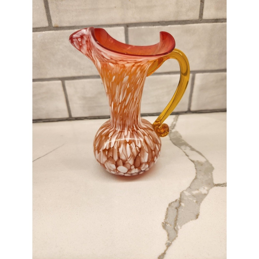 Vintage White Splatter Rainbow Art Glass Hand Blown‎ Pitcher Orange Yellow Amber